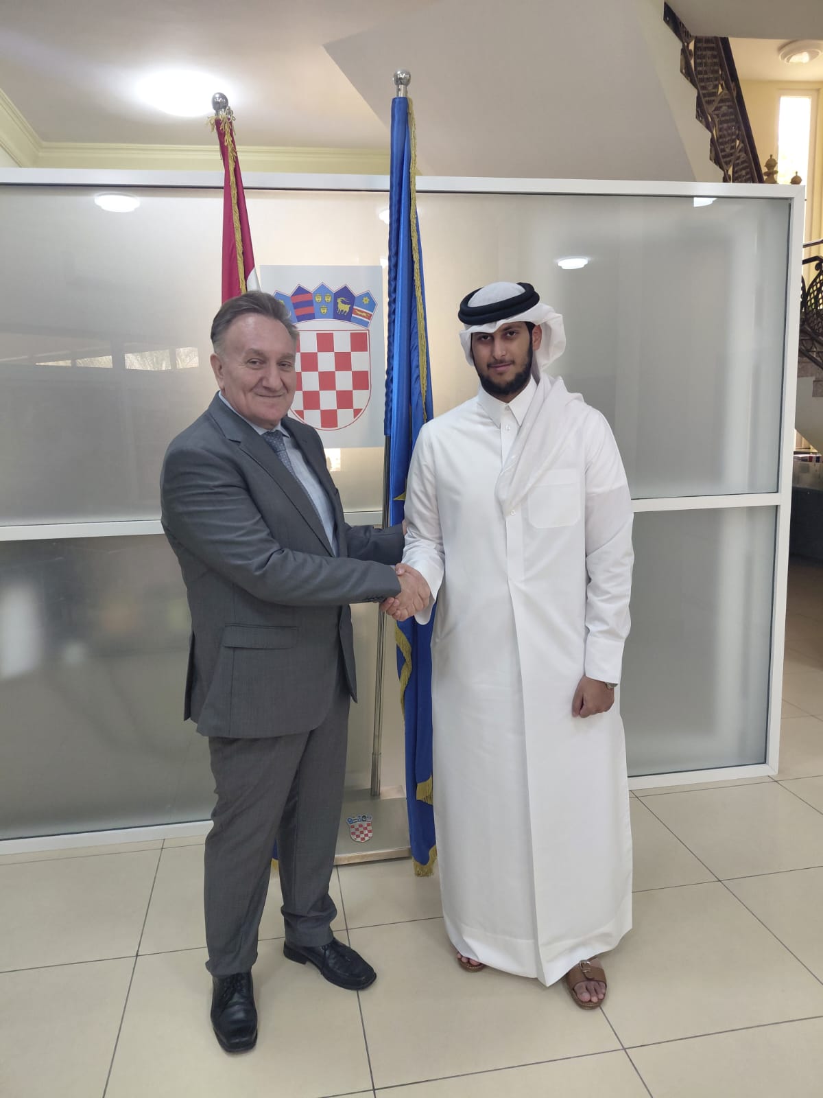 His Excellency Ambassador Drago Lovrić, the Ambassador of the Republic of Croatia to the State of Qatar, received His Excellency Sheikh Abdulrahman bin Hamad bin Nasser Al Thani, Chairman of the Board of Directors of Future Union Company, at the Croatian Embassy in Doha.